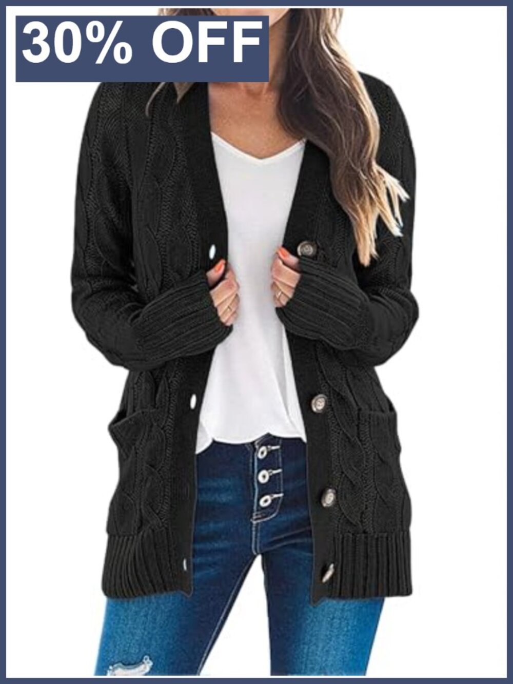 Cable Knit Button Down Cardigan Sweater Long Sleeve Loose Fit Women